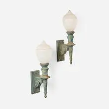 Torch sconces, pair by Victorian, painted cast steel, glass, sold Sep 2025
