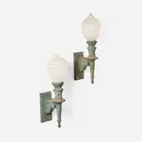 Victorian, Torch sconces, pair, painted cast steel, glass