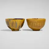 Brother Thomas Bezanson, Tea bowls, set of two, c. 2003, iron yellow-glazed porcelain, elm ash-glazed porcelain