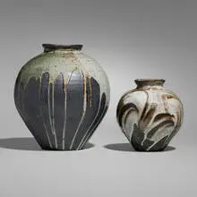 Lisa Hammond, Tsubo vessels, set of two, c. 2010, soda-fired stoneware, shino glaze