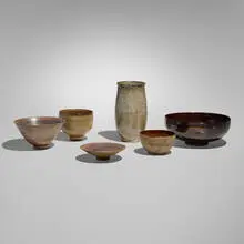 Edwin and Mary Scheier, Collection of six early vessels, c. 1960, glazed earthenware