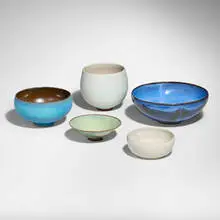 Edwin and Mary Scheier, Collection of five early vessels, c. 1960, glazed stoneware