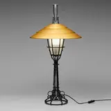 Albert Paley, Corona lamp, 1999, forged and fabricated steel with monochromed finish, anodized aluminum, frosted glass