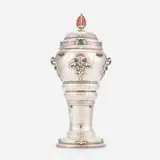 A. Dragsted, Covered vessel with cabochons and pineapple finial, 1909, silver, hardstone, coral, chrysoprase and garnet