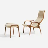 Yngve Ekstrom, Lamino lounge chair and ottoman, c. 1960, oak, sheepskin