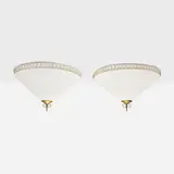 Ceiling lamps, pair by Paavo Tynell, c. 1954, brass, silk shades, sold Apr 2026