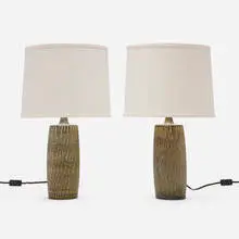 Gunnar Nylund, Table lamps, pair, c. 1950, glazed stoneware, linen shades