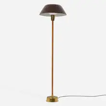 Senator floor lamp by Lisa Johansson-Pape, c. 1955, lacquered aluminum, brass, leather, acrylic, sold Apr 2026