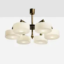 Modern, Chandelier, c. 1960, brass, milk glass, steel