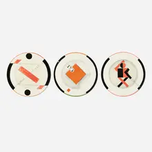 Collection of three plates by Vladimir Nemukhin, c. 1990, transfer-printed porcelain, sold Mar 2026