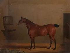 David Dalby, Portrait of a chestnut horse in a stable with an initialled horse blanket G F H, oil on canvas