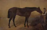 Portait of a bay horse in a stable with a groom by English School, oil on canvas laid down on panel, sold May 2018