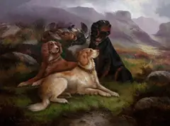 Gun dogs with quarry by Robert Cleminson, oil on canvas, offered May 2018