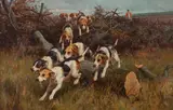 Alfred Duke, Hunting scenes with hounds, oil on canvas