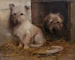 Samuel Fulton, Terriers in a barn, oil on canvas