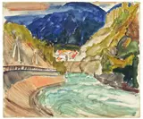 Max Kaus, Flußlandschaft (Im Pitztal), 1926, Aquarell und Bleistift auf Arches-Velin
