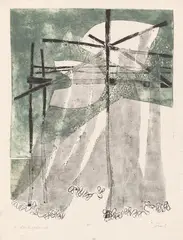 Rolf Nesch, Netze zum Trocknen aufgehängt, 1936, Farbmetalldruck auf festem Van Gelder Zonen-Velin