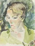 Friedl Dicker-Brandeis, Frauenporträt in Grün, Um 1925, Aquarell über Bleistift auf dünnem Fabriano-Bütten