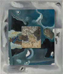 Carl Buchheister, Dreiebenenbild in Blau, 1952, Ölrelief: Öl auf Pappe