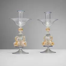 Venetian, Candlesticks with dolphins, pair, c. 1890, glass