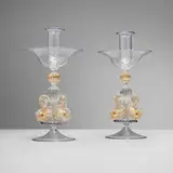 Venetian, Candlesticks with dolphins, pair, c. 1890, glass