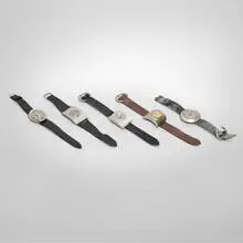 Collection of five wristwatches by Pierre Cardin, c. 1970-71, stainless steel, aluminum, leather, vinyl, sold Jun 2025