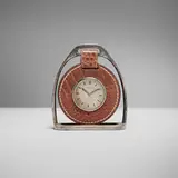 Paul Dupré-Lafon for Hermès, Stirrup desk clock, c. 1930, crocodile leather, chrome-plated brass, glass
