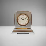 Paul Dupré-Lafon for Hermès, Compendium desk clock, c. 1940, gilt bronze, chrome-plated brass