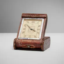 Jaeger-LeCoultre for Hermès, Travel clock, c. 1955, alligator leather, wood, glass, nickel-plated brass