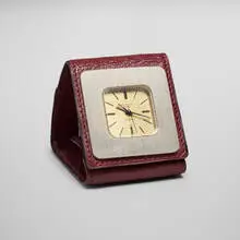 Hermès, Travel alarm clock, c. 1955, leather, nickel, glass