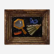 Richard Blow, Untitled (Mirror, Comb, Mask and Fan), c. 1965, hand-cut hardstone inlay in artist-made frame