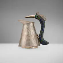 Los Castillo, Pitcher with crested bird handle, c. 1970, silver-plated copper, green hardstone mosaic, silver-plated brass, black hardstone