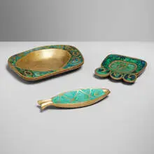 Pepe Mendoza, Collection of three dishes, c. 1958, brass, malachite