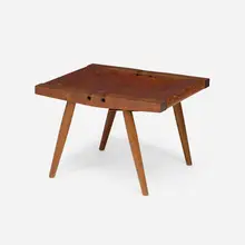 Stool by George Nakashima, 1968, American black walnut, saddle leather, sold Sep 2025