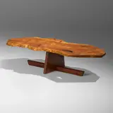 Exceptional Minguren I coffee table by George Nakashima, 1989, maple burl, American black walnut, East Indian laurel, sold Sep 2025