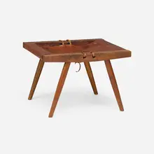 Stool by George Nakashima, 1960, American black walnut, saddle leather, sold Sep 2025