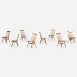 New chairs, set of eight by George Nakashima, 1954-55, 1978, cherry, hickory, sold Sep 2025