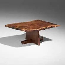 Minguren I coffee table by Mira Nakashima, 2025, claro walnut burl, English walnut graft, American black walnut, East Indian rosewood, sold Sep 2025