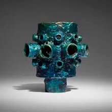 Vessel by James Bearden, 2025, bronze over plasma-carved steel, solvent dye coloring, sold Sep 2025