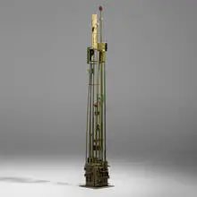 3 Moons Chimes (from the Cathedral series) by James Bearden, 2014, torch-cut, welded, polychromed and patinated steel, fused bronze, enamel, sold Sep 2025