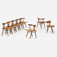 George Nakashima, Grass-seated chairs, set of eight, 1953, 1961, American black walnut, sea grass cord