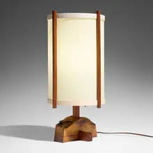 Desk lamp by Mira Nakashima, 1995, American black walnut, holly, fiberglass shade, sold Sep 2025