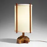 Desk lamp by Mira Nakashima, 1995, American black walnut, holly, fiberglass shade, sold Sep 2025