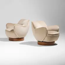 Vladimir Kagan, Barrel chairs, pair, 1947, upholstered cushion, walnut