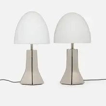 L'Œuf Centre d'Étude, Table lamps model 10580, pair, c. 1970, opaline glass, brushed nickel, painted brass