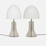 L'Œuf Centre d'Étude, Table lamps model 10580, pair, c. 1970, opaline glass, brushed nickel, painted brass