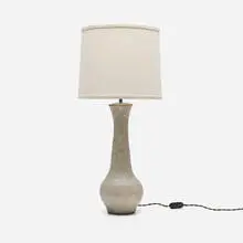 Table lamp by attribution Les Argonautes, c. 1960, glazed stoneware, linen shade, brass, sold Mar 2026