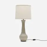 attribution Les Argonautes, Table lamp, c. 1960, glazed stoneware, linen shade, brass