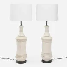 Aldo Londi, Table lamps, pair, c. 1960, glazed and incised earthenware, enameled metal