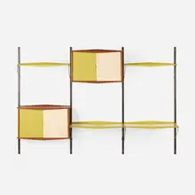 attribution Willy Van der Meeren, Shelving unit, c. 1955, powder-coated and enameled steel, teak, lacquered wood